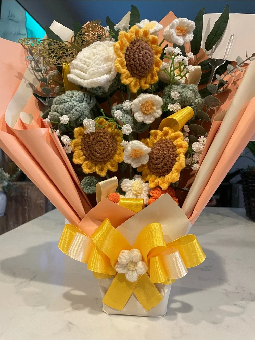 Handcrafted Crocheted Sunflower Bouquet - Home Accents by